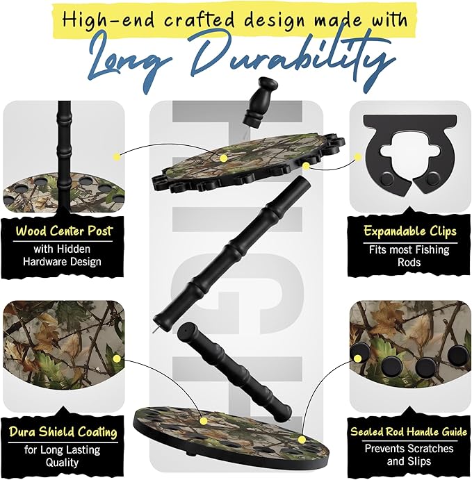 Rush Creek Creations 16-Rod Round Fishing Rod Holder for Garage, 360° Access Fishing Pole Holder for Fishing Rods, Reels, and Gear, Securely Holds 16 Rods, Camouflage