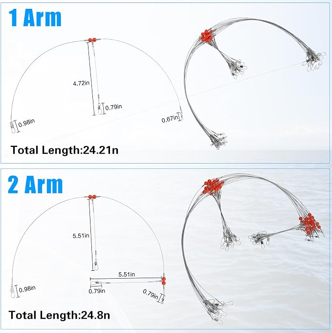 Fishing Leaders Saltwater Tackle Surf Fishing Rigs High Strength Steel Fishing Wire Leaders with Swivel Snaps Beads Gear Equipment for Lures Bait Hooks, 1Arm 2Arms & 3Arms