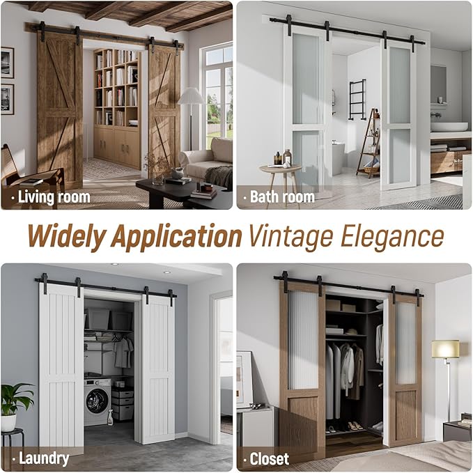CCJH 8FT Sliding Barn Door Hardware Kit, Heavy Duty, Smoothly and Quietly, Easy to Install, Fit 24" Width Double Door Panel, Basic Style Hangers Black