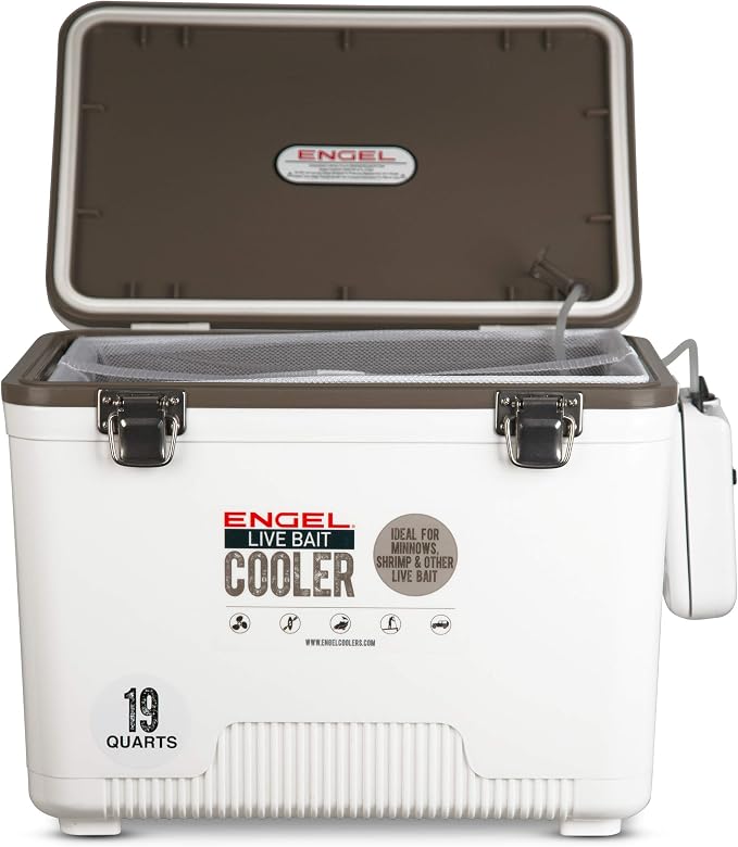 Engel Live Bait Cooler Box with 2nd Gen 2-Speed Aerator Pump - Portable Fishing Station & Minnow Bucket for Shrimp & Other Live Fish with Aerator - ENGLBC-N