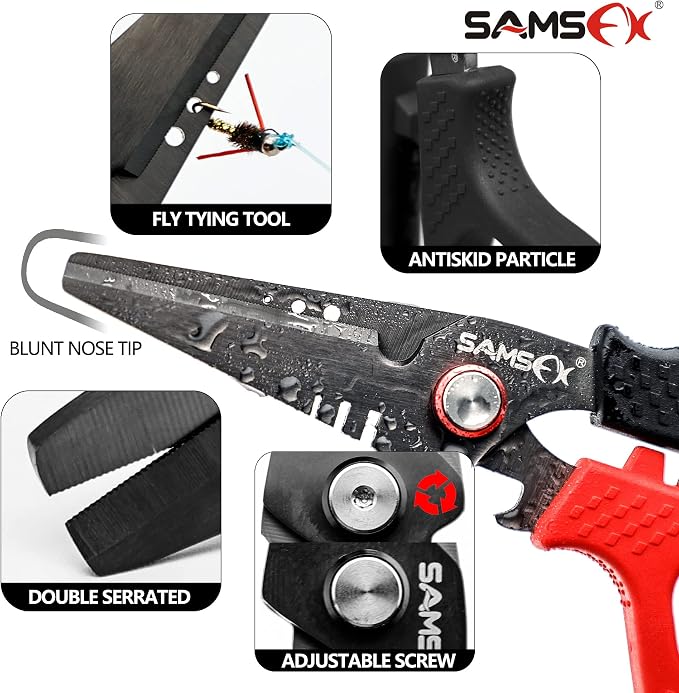 SAMSFX 6.5" Pro Fishing Shears Dual Serrated Blades, Fishing Braided Line Scissors with Titanium Coating, Non-Slip Grip & Multifunction Tool, Includes Hard Molded Locking Sheath & Coiled Lanyard