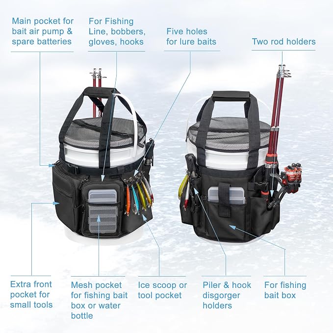 Fishing Bucket Organizer with Bucket Cover Fishing Tackle Bag with Rod & Plier Holder, Multi-Pockets for 5 Gallon Bucket Fishing Gear & Accessories Father Gifts