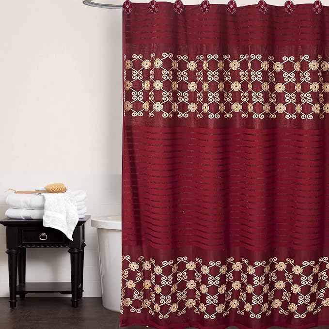 Zahari Home Elegant Rose Bathroom Shower Curtain Set - 13pc Set Including 12 Rings - Contemporary Decor - Burgundy Shower Curtain - Unique Design - Stylish Accessories