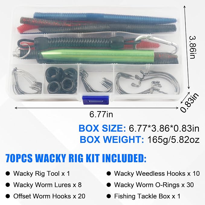 Wacky Rig Kit for Bass Fishing, 70pcs Wacky Worm Kit with Wacky Hooks, O-Rings, Wacky Tool, Soft Stick Worms and Tackle Box, Bass Fishing Lures for Largemouth and Smallmouth Bass