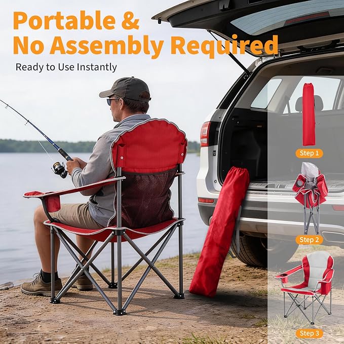 NEWBULIG Oversized Folding Camping Chair for Adults, Portable Outdoor Collapsible Chairs, 500 LBS Heavy Duty Support, with Cup Holders, for Lawn, Fishing, Hiking, Red