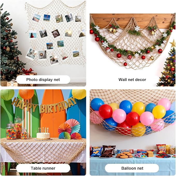 10x5 Feet X-Large Fishing Net Decor for Party - 2 Pack Brown Fish Net Decorations Under The Sea Hawaiian Pirate Beach Party Decorations, 3mm Cotton Fishnet Ocean Nautical Themed Wall Table Decor