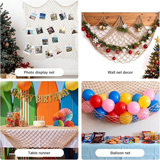 Fishing Net Decor for Party - 80x40 In Brown Fish Net Decorations Under The Sea Hawaiian Mermaid Pirate Beach Party Decorations, 3mm Natural Cotton Fishnet Ocean Nautical Themed Wall Table Decor