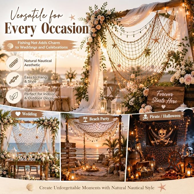 2 Pack Fish Net Decorations for Party, Natural Cotton Hawaiian Table Runner Party Fishing Net Decorative, Nautical Themed Cotton Fishnet Under The Sea Pirate Ocean Beach Decor