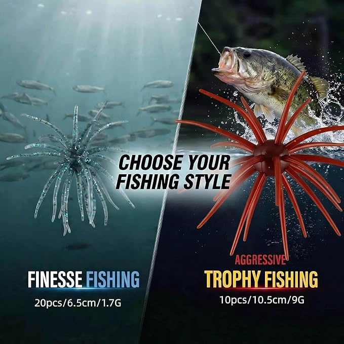 Creature Bait for Bass Fishing – Soft Plastic Fishing Lures, Fuzzy Dice & Sea Urchin Style Finesse Bait for Freshwater, Trout & Crappie with Tackle Box