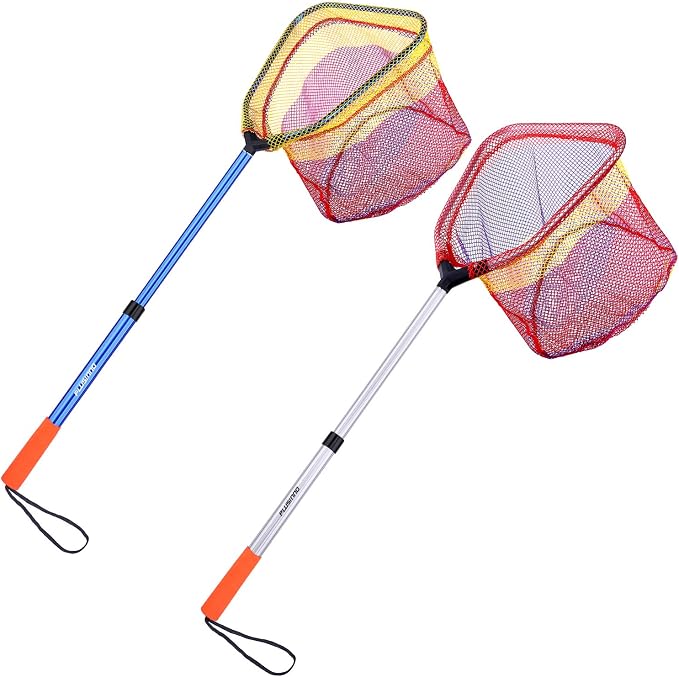 PLUSINNO Kids Fishing Net, Telescopic Lightweight Landing Net with Aluminum Pole Handle and Nylon Mesh, Catch and Release Butterfly Net for Kids Youth Outdoor