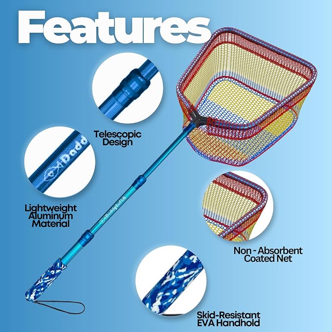 DaddyGoFish Kids Fishing Net - Extendable Telescopic Landing Net for Boy Girl Children Catching Small Fish Crab Shrimp Minnow Dragonfly Beach Pier Lake River Ocean