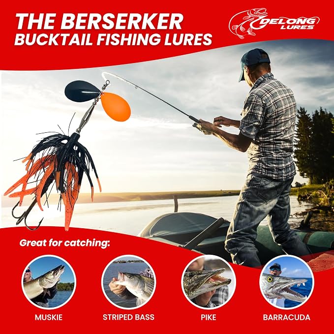 Delong Lures - The Berserker, Bucktail Fishing Lures - Bucktail Jig with Inline Spinner, Musky & Pike Baits Spinnerbaits, Tackle for Freshwater and Saltwater Fishing, Made in USA
