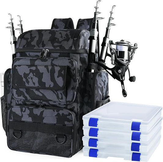 Fishing Backpack with 4 Tackle Boxes, 45L Large Tackle Bag & Fishing Tackle Backpack for Fishing, Camping, Hiking,Camouflage