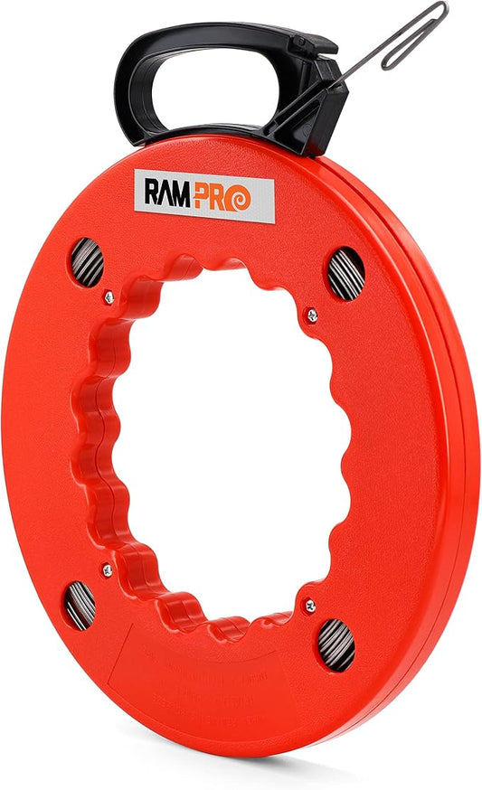 Fish Tape Wire Puller 50ft - Easy to use Cable Puller Tool with Double Loop Tip - Flexible Wire Fishing Tools for Walls and Electrical Conduit - 1/8 Steel Fish Tape Durable Housing - RamPro
