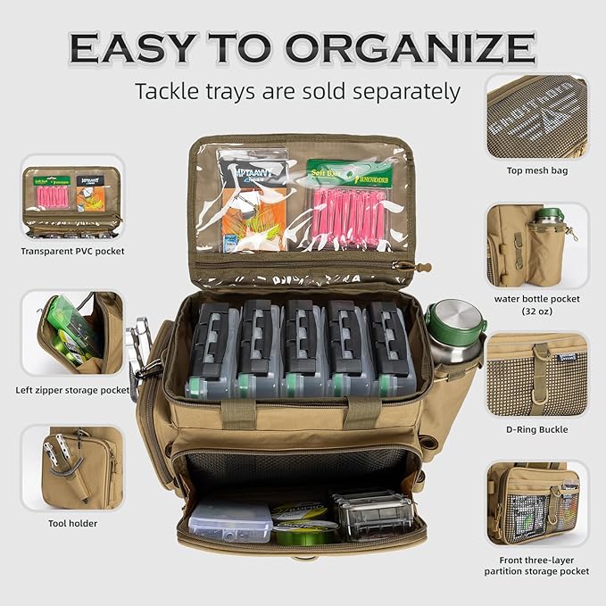 Ghosthorn Fishing Tackle Bag with Rod Holder Saltwater & Freshwater Resistant Tackle Box Bag - Waterproof Base, Adjustable Padded Shoulder Strap (Khaki)