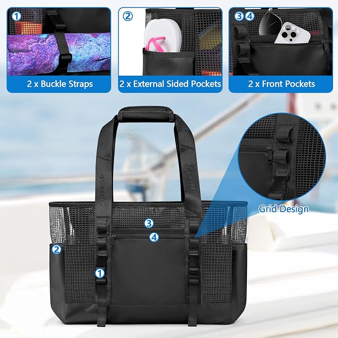 Yarwo Boat Gear Tote Bag, 35.5L Waterproof Boat Accessories Organizer with Marine-grade Coated Mesh and Wet Dry Pockets