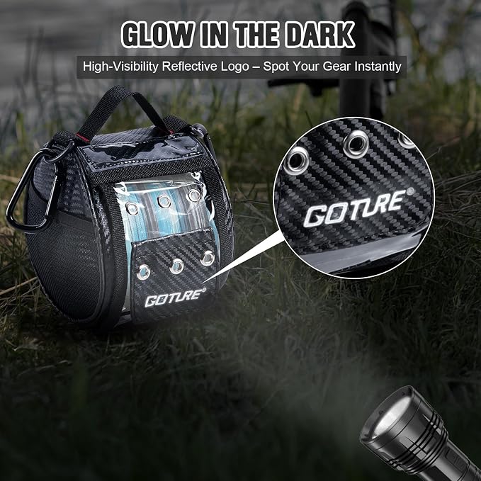 Goture 3/6 Outlet Holes Fishing Line Storage Bag, 2 Sizes Clear View Window Fishing Line Case, Removable Divider Fishing Line Organizer, Water-Resistant Surface, Tangle-Free Leader Line Spool Bag