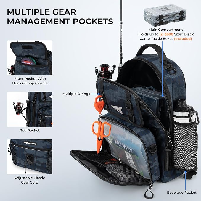 KastKing BaitSpace Fishing Sling Bag, Fishing Backpack with Rod & Beverage Holder, Tackle Bag for Fishing Gear