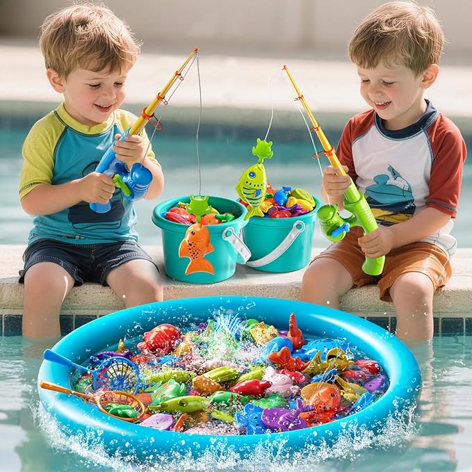 Magnetic Fishing Game Pool Toys for Kids 3 4 5 6 7 8, Water Table Bathtub Toys with Inflatable Pool, Bath Toys for Toddlers, Summer Outdoor Indoor Magnetic Fishing Toys Gifts for Boys Girls 3-5 4-8