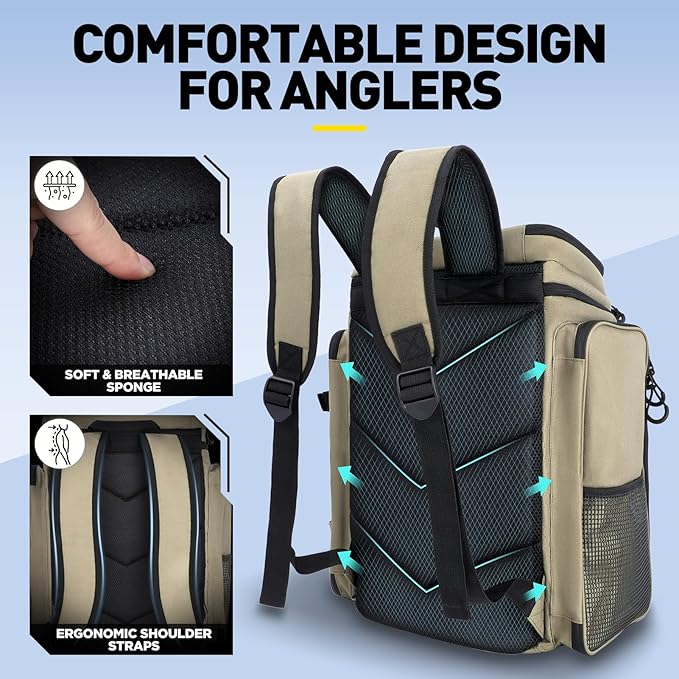 PLUSINNO Fishing Backpack with Rod Holders, 42L Large Water-Resistant Tackle Bag for Fishing, Camping, Hiking, Gifts, Khaki (4 Tackle Boxes Included), 36,6 x 25,4 x 45,7 cm, Sporty, functional
