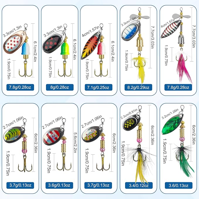 Fishing Lures Spinnerbait Kit Rooster Bait Tail Fishing Lures Inline Spinner Baits Bass Salmon Trout Spoon Hard Metal Spinnerbaits for Saltwater Freshwater