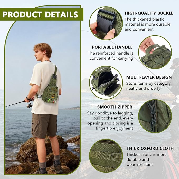 Fishing Backpack Small Fishing Tackle Storage Bag with 3 Methods of Carrying Large Capacity Sling Backpack for Outdoor Hiking Travel Hunting (Army Green)