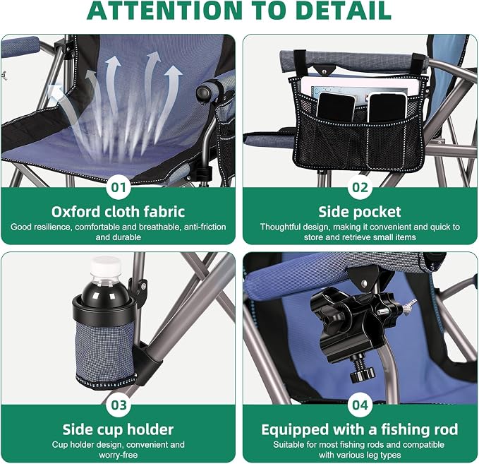 Folding Fishing Chair with Rod Holder, 150Kg Heavy Duty All Terrain Chair with Side Pocket, Cup Holder, Portable Adults Armchair for Outdoor, Camping, Garden, Beach, Lawn Blue