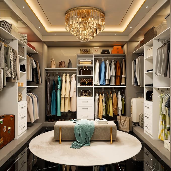 96 inch Closet System with Wooden Drawers, 5FT-8FT Closet Organizer System with Shelving Tower, Walkin Closet System with Expandable Hanging Rods & Movable Shelves, Wall Mount, 96”*14.8”*81”,White