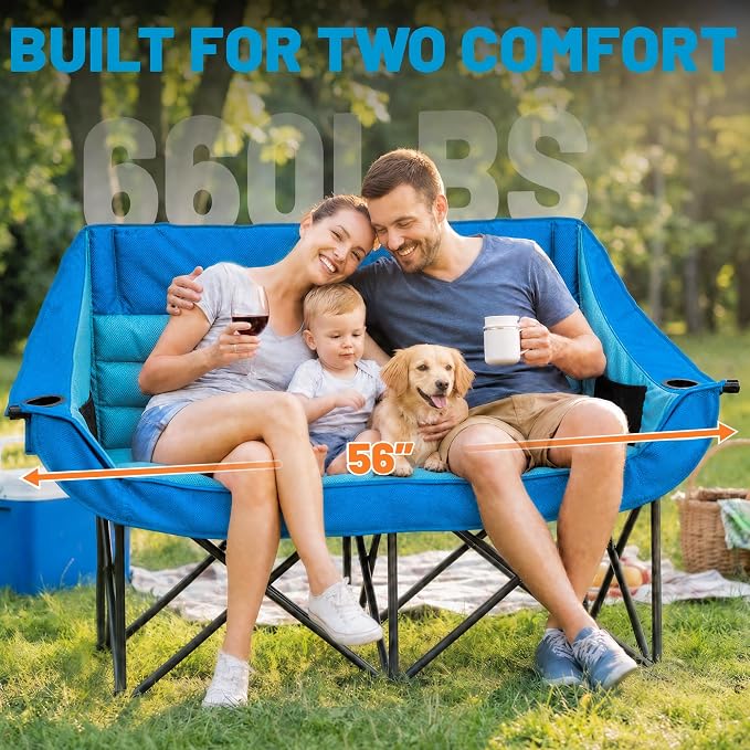 Youtanic Oversized Double Camping Chair, Folding Loveseat Camping Couch with Pocket, Cup Holder and Carry Bag, Heavy Duty Portable Camping Chairs for Adults, Fishing, Sports, Trip, up to 660lbs, Blue