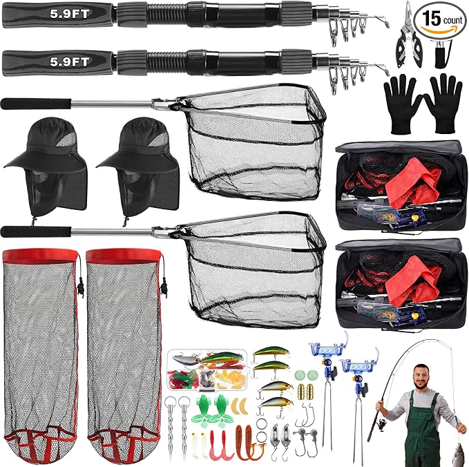Father's Day Telescopic Fishing Rod Kit, 6.89ft/5.91ft 2 Pcs Collapsible Rod for Him with Landing Net, Tackle Bag, Gloves, Lures, Pliers, Gift for Dad for Saltwater Freshwater Fishing