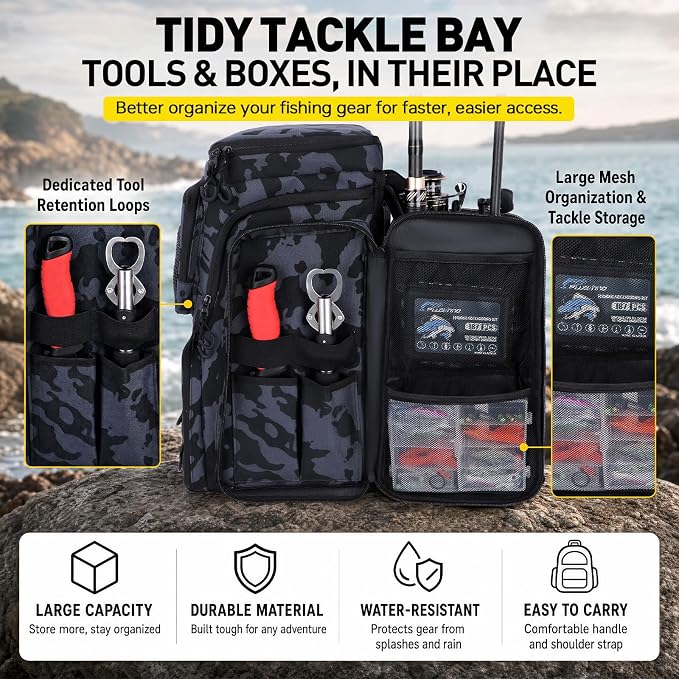 PLUSINNO Fishing Tackle Backpack with Rod Holders，42L Water-resistant Fishing Bag Store Fishing Gear, Fisher Gifts For Men.