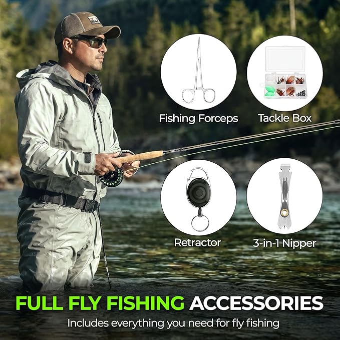 TOPFORT Fly Fishing Rod and Reel Combo, 4-Piece Fly Rod Kit with Complete Fly Fishing Gear: Fly Rod, Pre-Spooled Fly Fishing Reel, Fishing Flies, Leader, Forceps, Nipper and Carrying Case