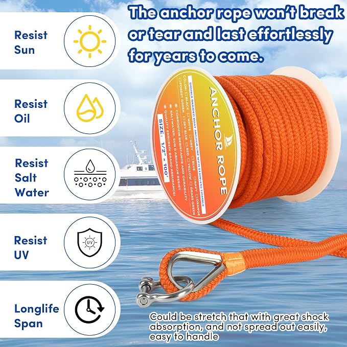 Boat Anchor Rope 100 ft x 1/2 inch Orange, Double Braided Anchor Line with Stainless Steel Thimble & Shackle, Marine Rope Ideal for Towing,Mooring,Decks,Anchoring,for Boats Up to 35'