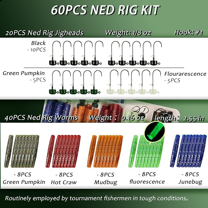 Ned Rig Jig Heads TRD Stick Worms Kit, 60, 35 Pack Ned Rig Lures Mushroom Jigs Finesse Soft Plastic Baits for Bass Fishing Freshwater Saltwater