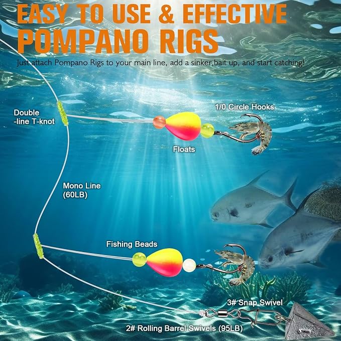 Dovesun 10PCS/4PCS Pompano Rigs for Surf Fishing Saltwater Fishing Rigs with Floats and Beads Unique Double-Line T-Knot Pre-Rigged Surf Fishing Gear & Tackle with Circle Hooks