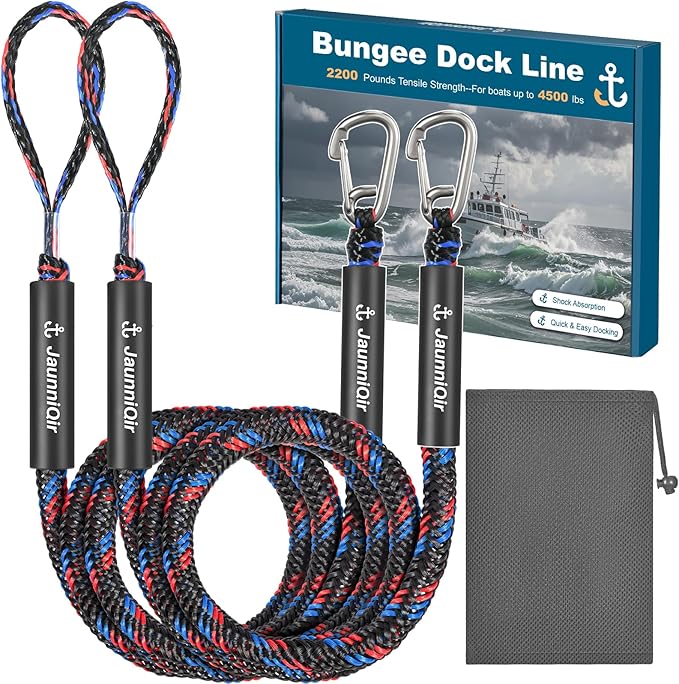 JaunniQir Bungee Dock Lines for Boats 7.2 Feet, 2 Pack Dock Lines with 316 Stainless Clips for PWC, Jet Ski, Kayak, Watercraft, Pontoon, Shock Absorbing Tie Off Downs Boat Mooring Ropes Accessories