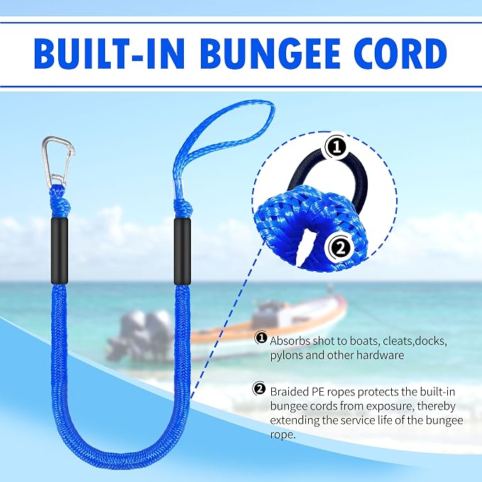 Boat Bungee Dock Lines – Adjustable Boat Tie Downs for Pontoon, Jet Ski, PWC, Kayak | Single Hook Small Cruiser Mooring Lines (2, Blue, 4 Feet)