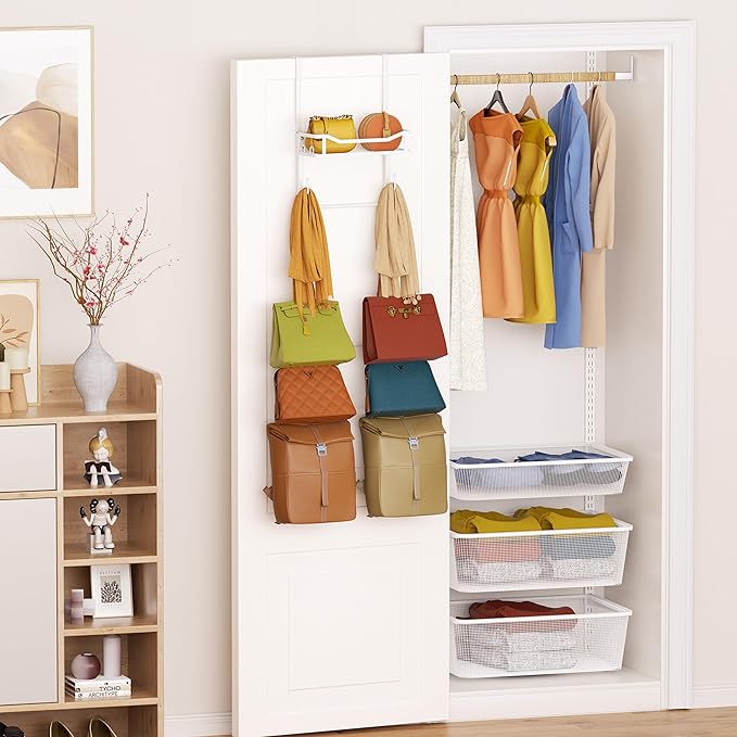 SWTYMIKI Over The Door Purse Organizer - Wall Mounted Purse Rack with 10 Hooks and Metal Basket, Handbag Hanger Organizer Holds up to 10 Bags, Bag Rack Can Use As 1/2 Part, for Door, Closet