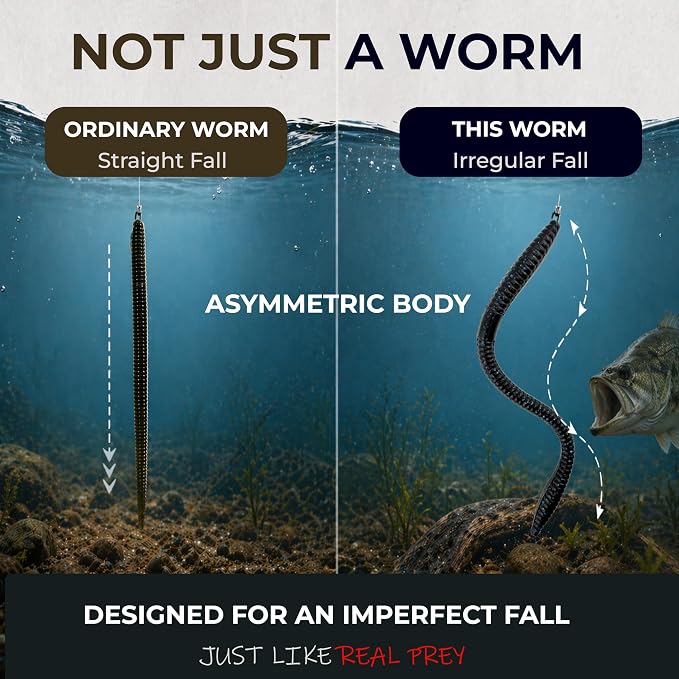 Soft Plastic Worm Lures for Bass Fishing, 6 inch Finesse Ribbed Worm Bait for Drop Shot, Shaky Head, Neko & Texas Rig, Natural Fall, Salt Infused, 12-Pack