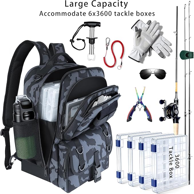 Fishing Backpack with Tackle Boxes,Fishing Sling Tackle Bag with Rod Holder Waterproof Fishing Bag with Fishing Gear, Fishing Gifts for Men Women Gear Combo Kit,Camouflage Gray