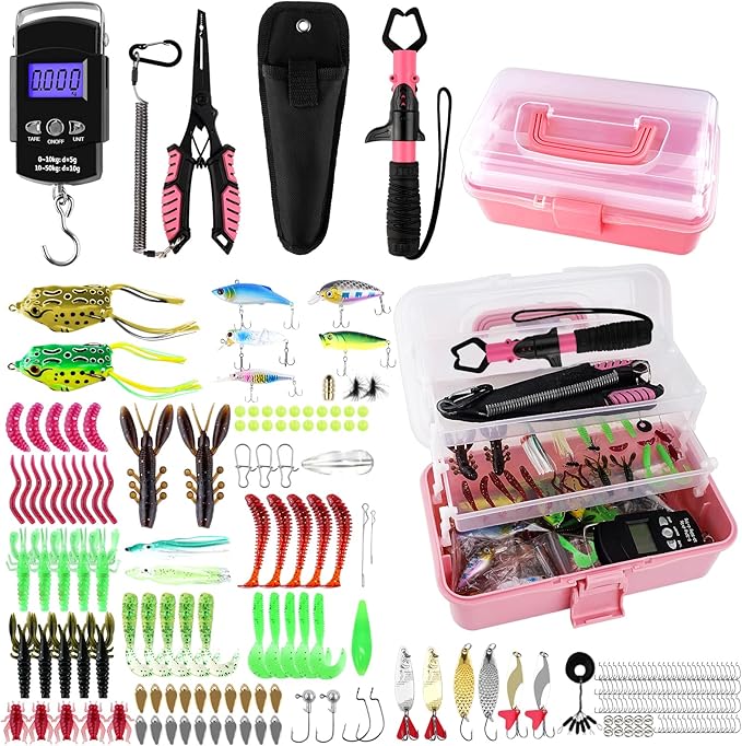 3-Layer Pink Fishing Tackle Box with Tackle Included, Fishing Tools Kit Includes Pliers Fish Lip Gripper Scale Crankbait Spinnerbaits Soft Baits Hooks, Ideal Gift for Angler Saltwater Freshwater