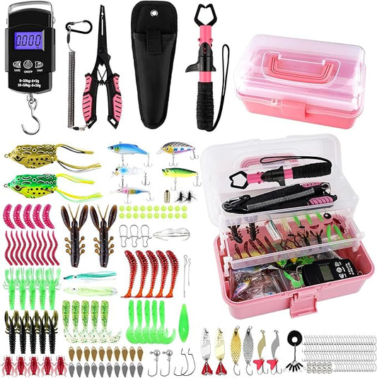 3-Layer Pink Fishing Tackle Box with Tackle Included, Fishing Tools Kit Includes Pliers Fish Lip Gripper Scale Crankbait Spinnerbaits Soft Baits Hooks, Ideal Gift for Angler Saltwater Freshwater