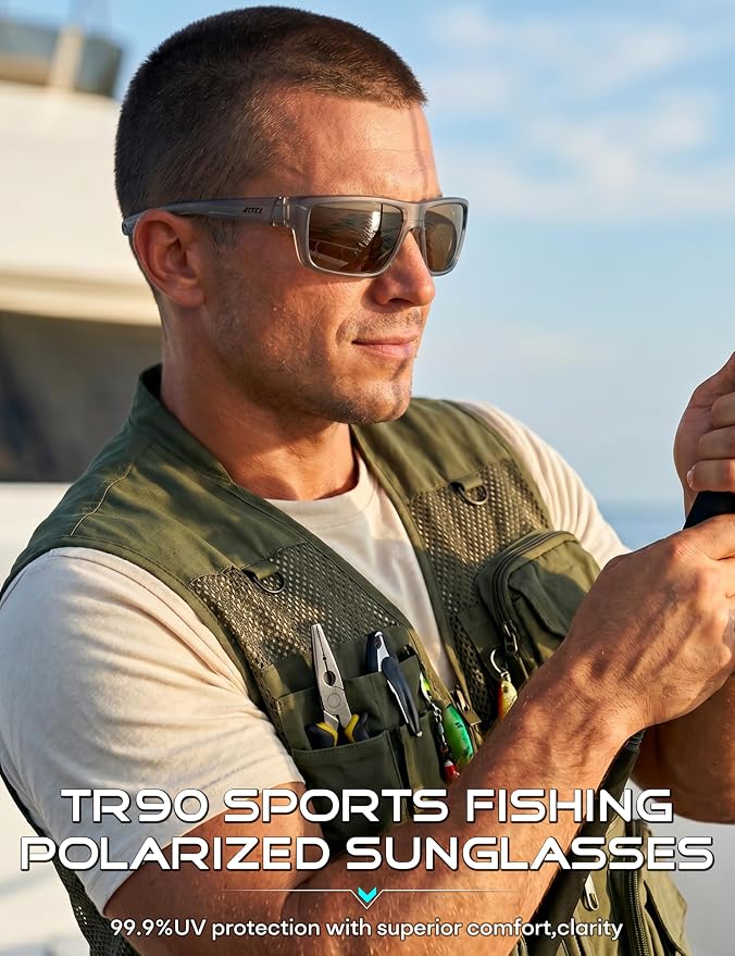 ATTCL Polarized Sunglasses Men for Fishing: UV Protection Lightweight TR90 Sports Wrap Sun Glasses Driving Golf Running