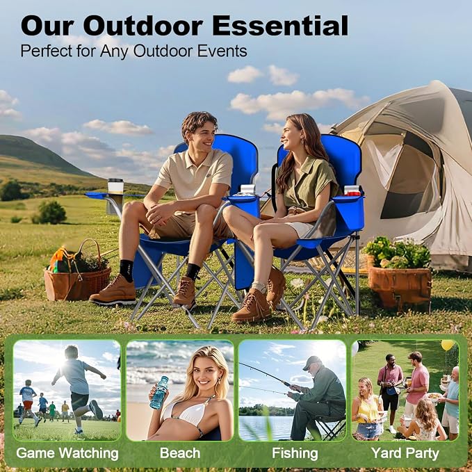 VTOY Folding Camping Chairs Durable 600D Oxford, Portable Outdoor Chair with Cooler Pouch, Cup Holder & Storage Pocket for Camping, Beach, Fishing