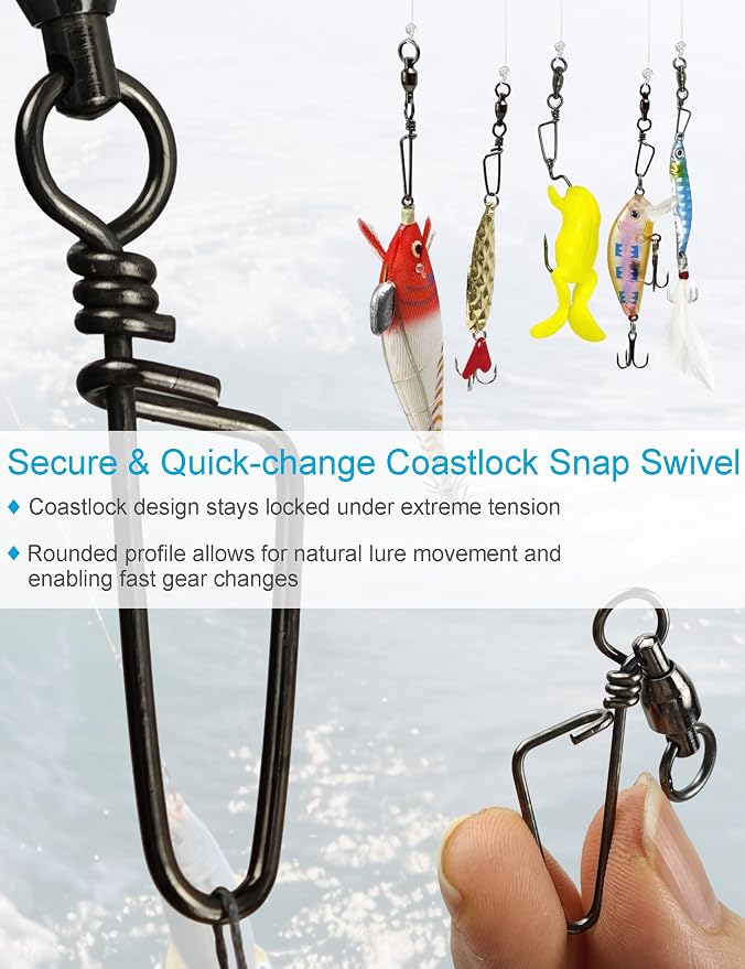 41pcs Ball Bearing Fishing Swivels with Coastlock Snap Kit - Heavy Duty Stainless Steel Snap Swivels Saltwater Connectors 0# - 4# - High Strength Black Nickel Finish Terminal Tackle