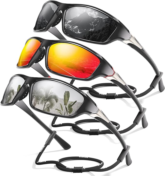 3 Pack Polarized Sports Sunglasses for Men, Mens Sunglasses Wrap Around UV Protection for Cycling Fishing Driving