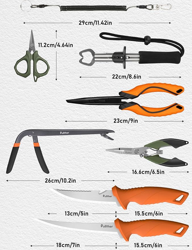 5PC Fishing Tool Kit - Fillet Knife, 2PC Fishing Pliers,Fishing Braid Scissors and Fish Lip Gripper, Fishing Gear for Fly Fishing, Ice Fishing