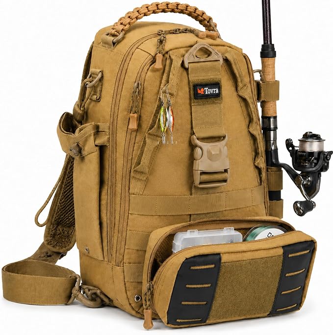 Tovra Fishing Tackle Backpack with Rod Holder & Removable Storage Pouch – Waterproof Sling Bag, Fits Up to 3 3700 Tackle Boxes, MOLLE Fishing Backpack for Rods, Pliers, Water Bottle & Outdoor Gear