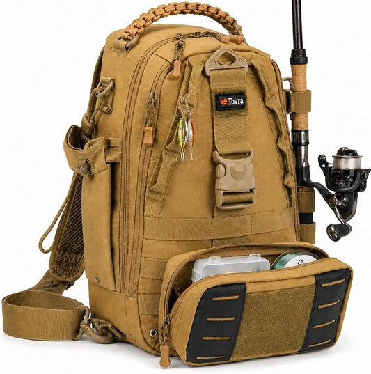 Tovra Fishing Tackle Backpack with Rod Holder & Removable Storage Pouch – Waterproof Sling Bag, Fits Up to 3 3700 Tackle Boxes, MOLLE Fishing Backpack for Rods, Pliers, Water Bottle & Outdoor Gear