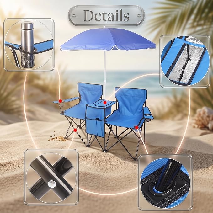 2-Person Folding Beach Chair with Removable Umbrella, Double Camping Chair with Built-in Cooler Bag & Cup Holders, Portable Outdoor Loveseat for Picnic, Fishing and Sports, Blue